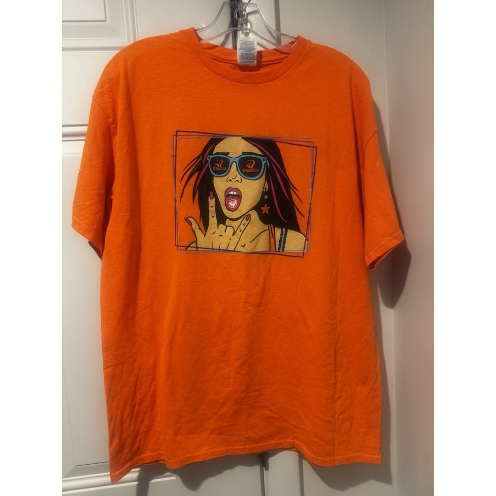 Gasolina Party In A Pouch Girl Orange Flame Logo Festival Club Tee Adult L Promo